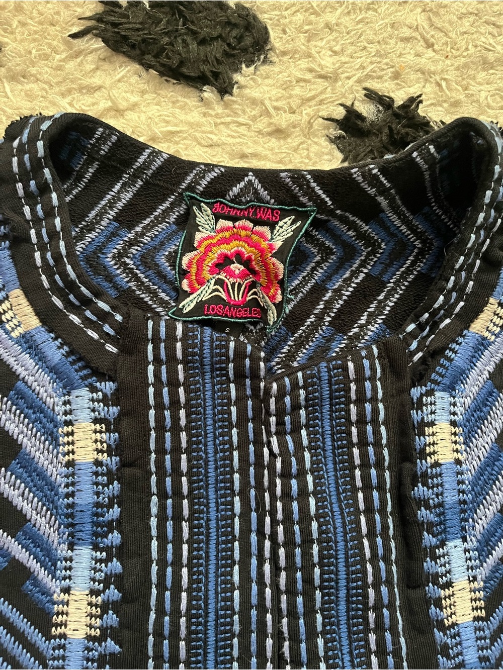 Johnny Was sz Small french Terry mixed media embroidered blue no button jacket - Picture 4 of 16
